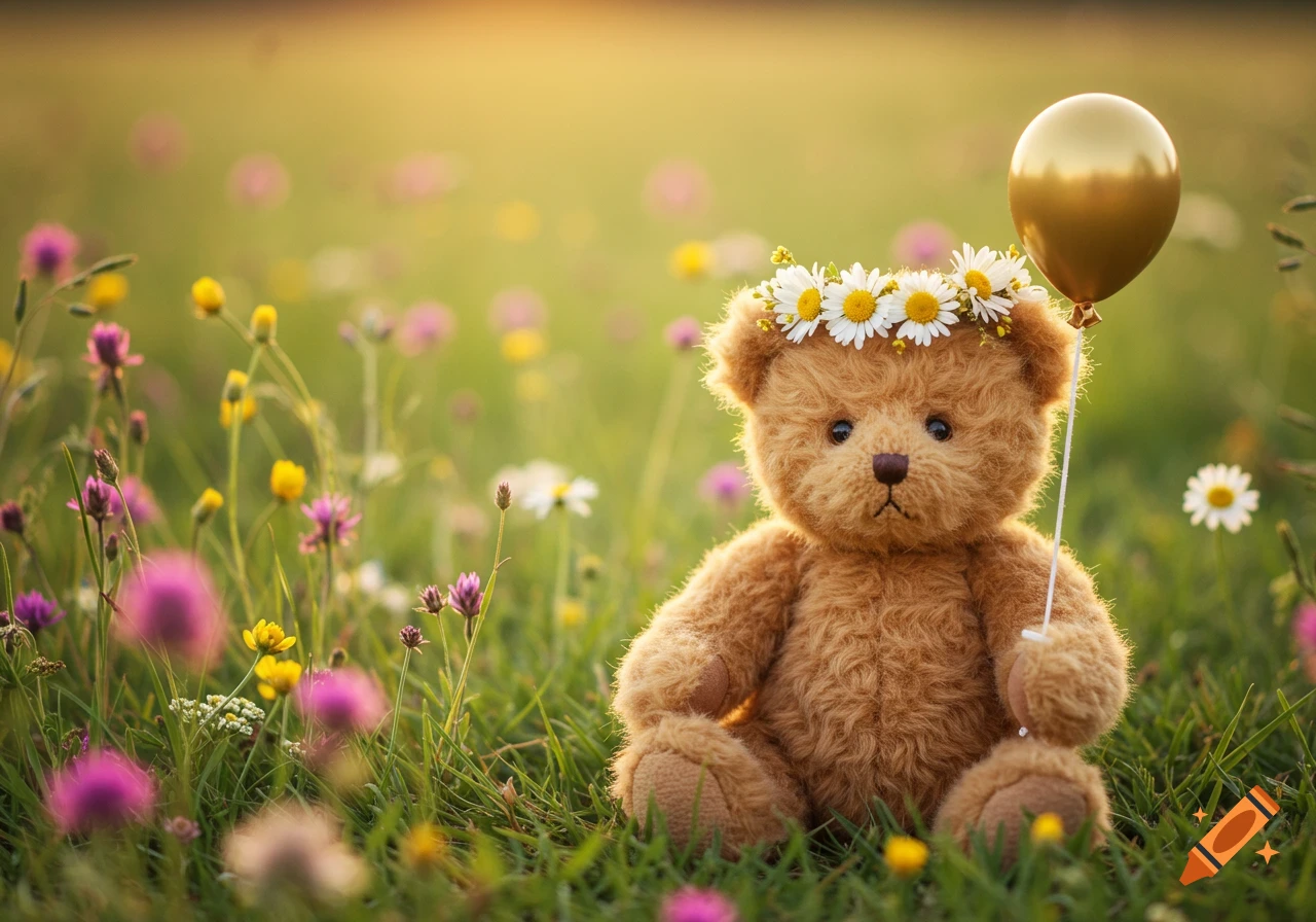 A fluffy brown teddy bear wearing a daisy flower crown sits in a field of wildflowers, holding a gold balloon.