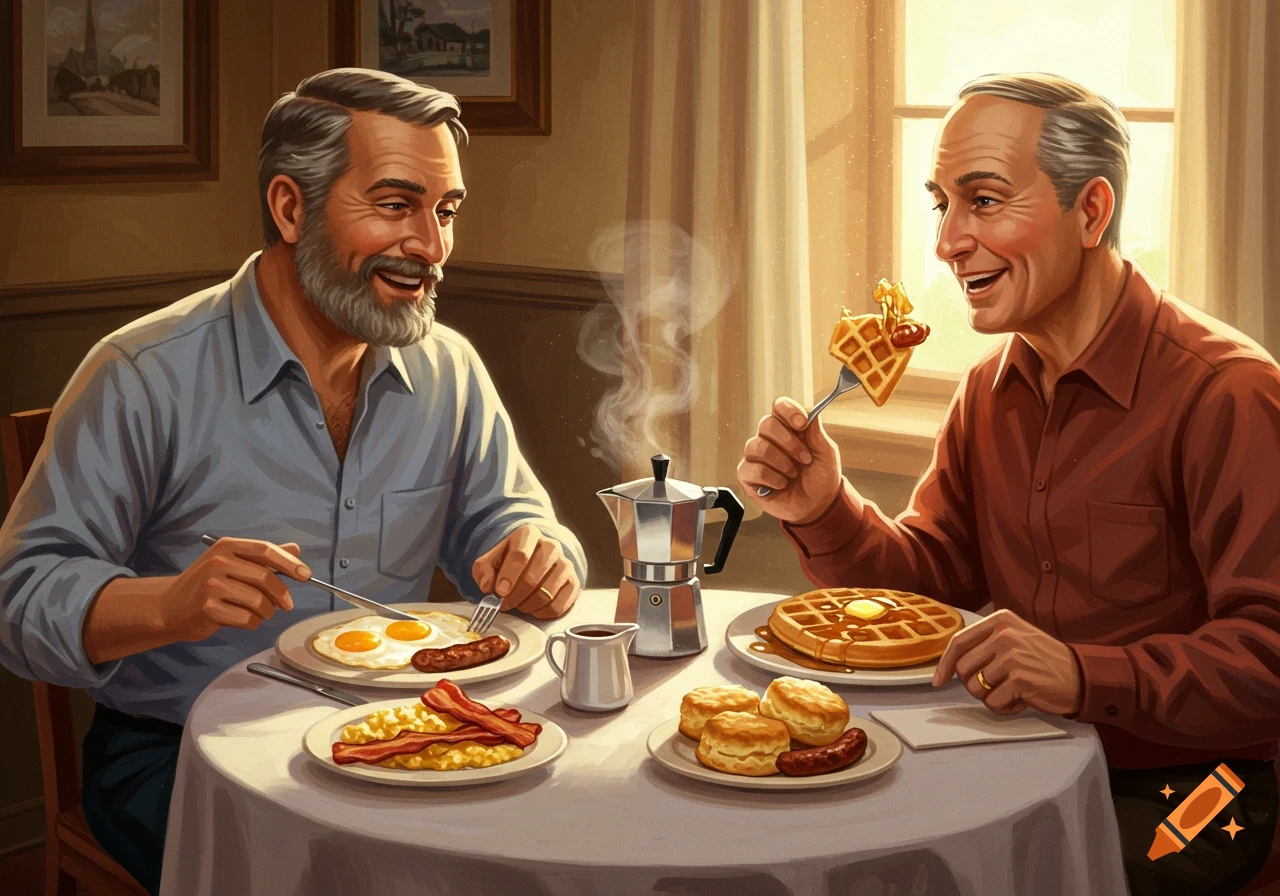 Two older men enjoy a large breakfast of waffles, eggs, sausage, bacon, biscuits, and coffee at a table in a painterly style.