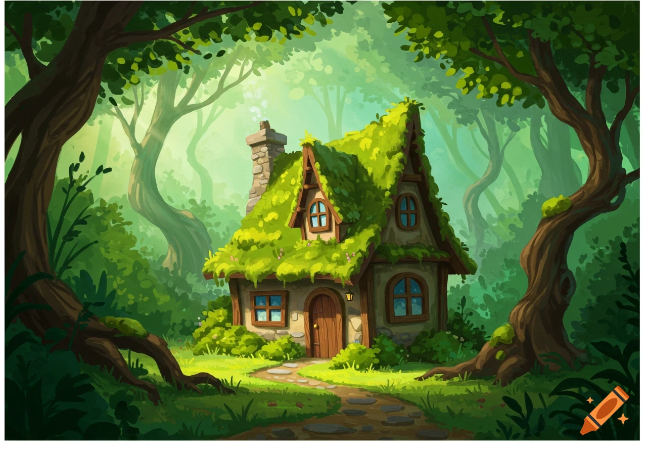 A fairytale cottage covered in moss and leaves sits on a stone path in a bright, mystical forest.