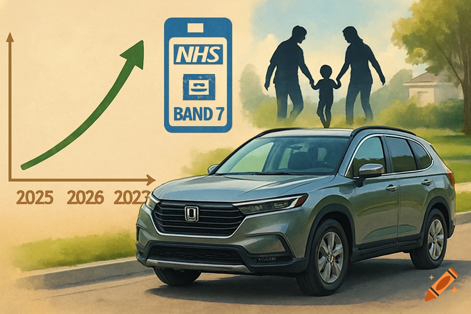 Graph of growth from 2025-2023 next to a grey car, NHS badge, and silhouetted family.