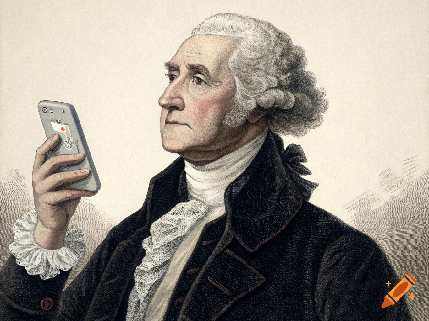 Illustration of George Washington in period clothing holding a modern cellphone.