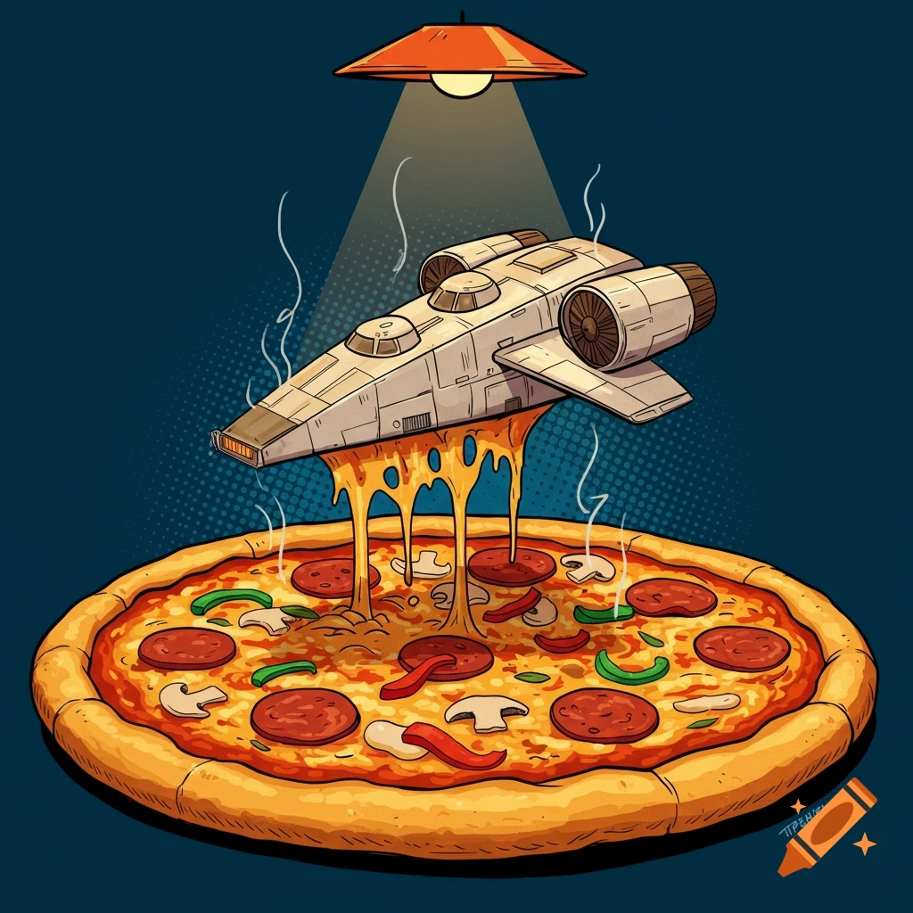 Cartoon illustration of a spaceship hovering over a large pizza, dripping melted cheese onto the toppings.