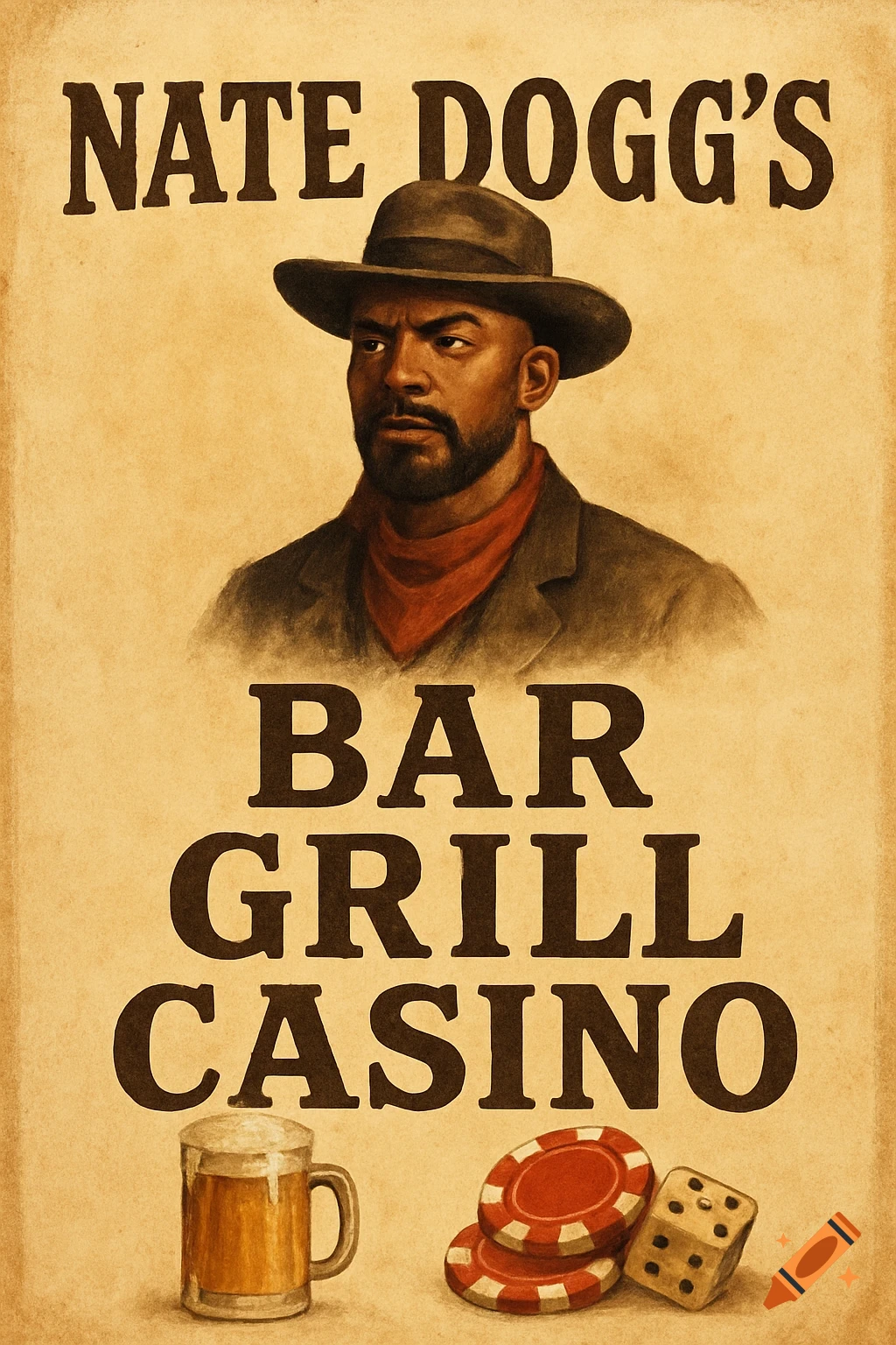 Vintage style poster for NATE DOGG'S BAR GRILL CASINO featuring a man in a cowboy hat, a beer, poker chips, and dice.