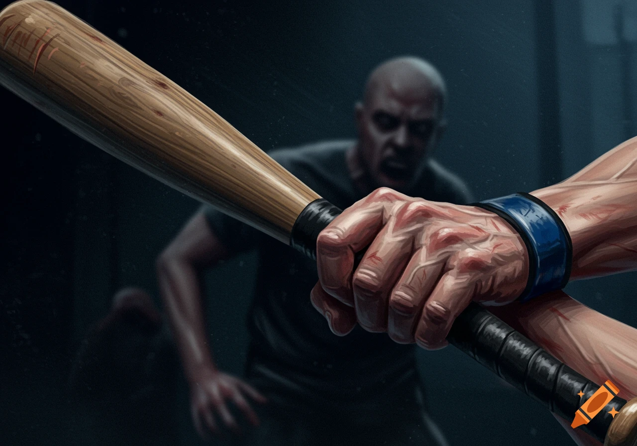 A bloody hand grips a baseball bat in a dark room, a blurred figure in the background.