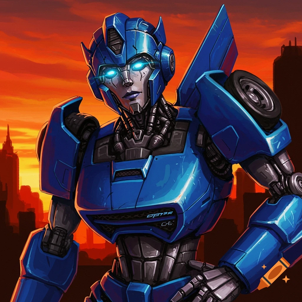 Blue female robot stands before a sunset city skyline.