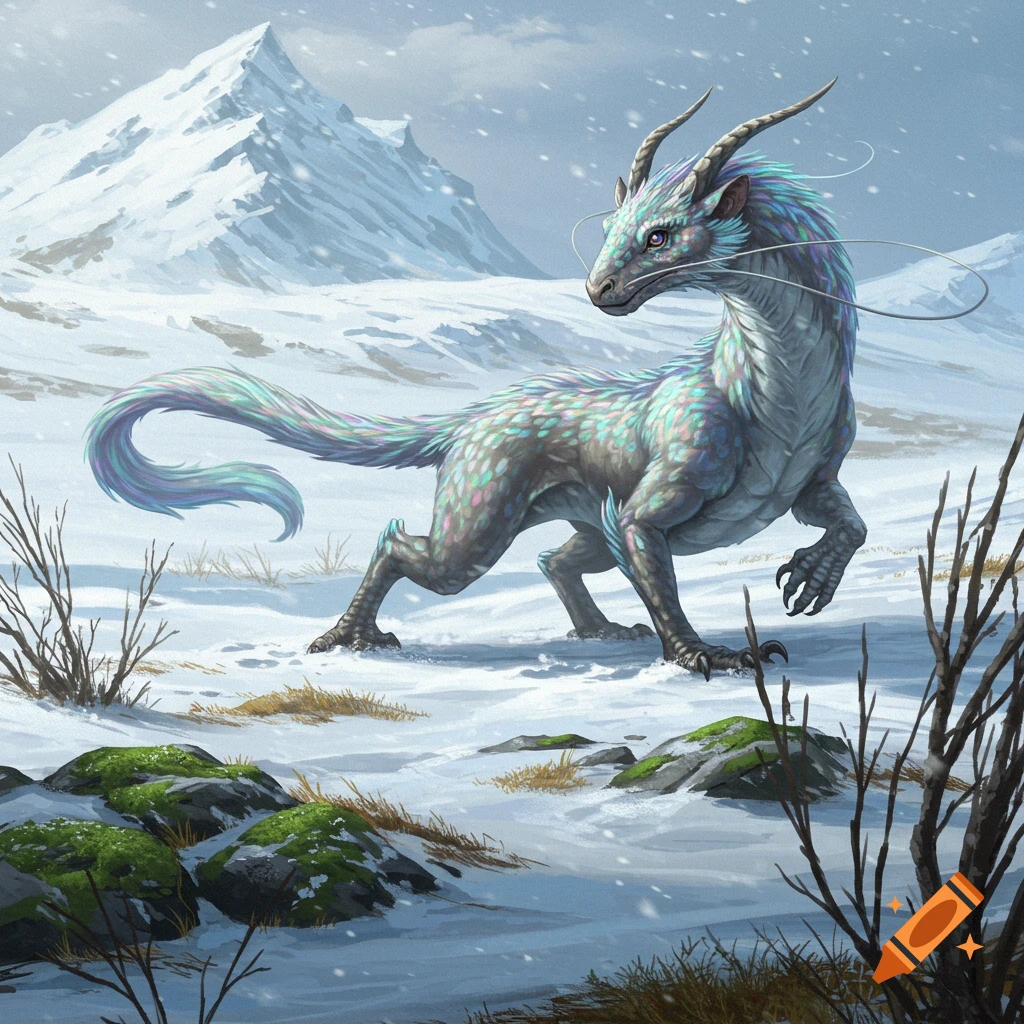 A white and blue fantasy creature resembling a dragon walks through a ...