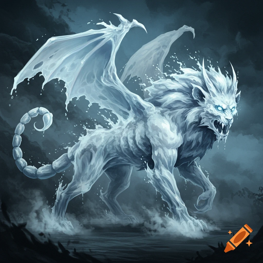 A fantasy creature resembling a lion with wings and a scorpion tail, made of ice or water, in a dark, atmospheric setting.