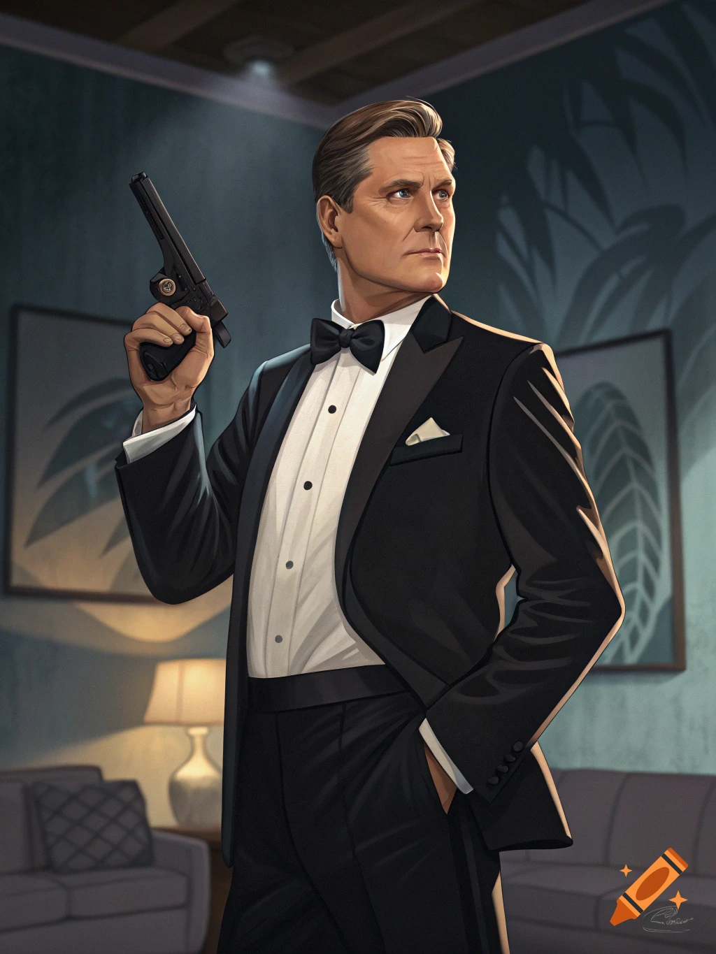 Digital illustration of a man in a tuxedo holding a handgun in a room.