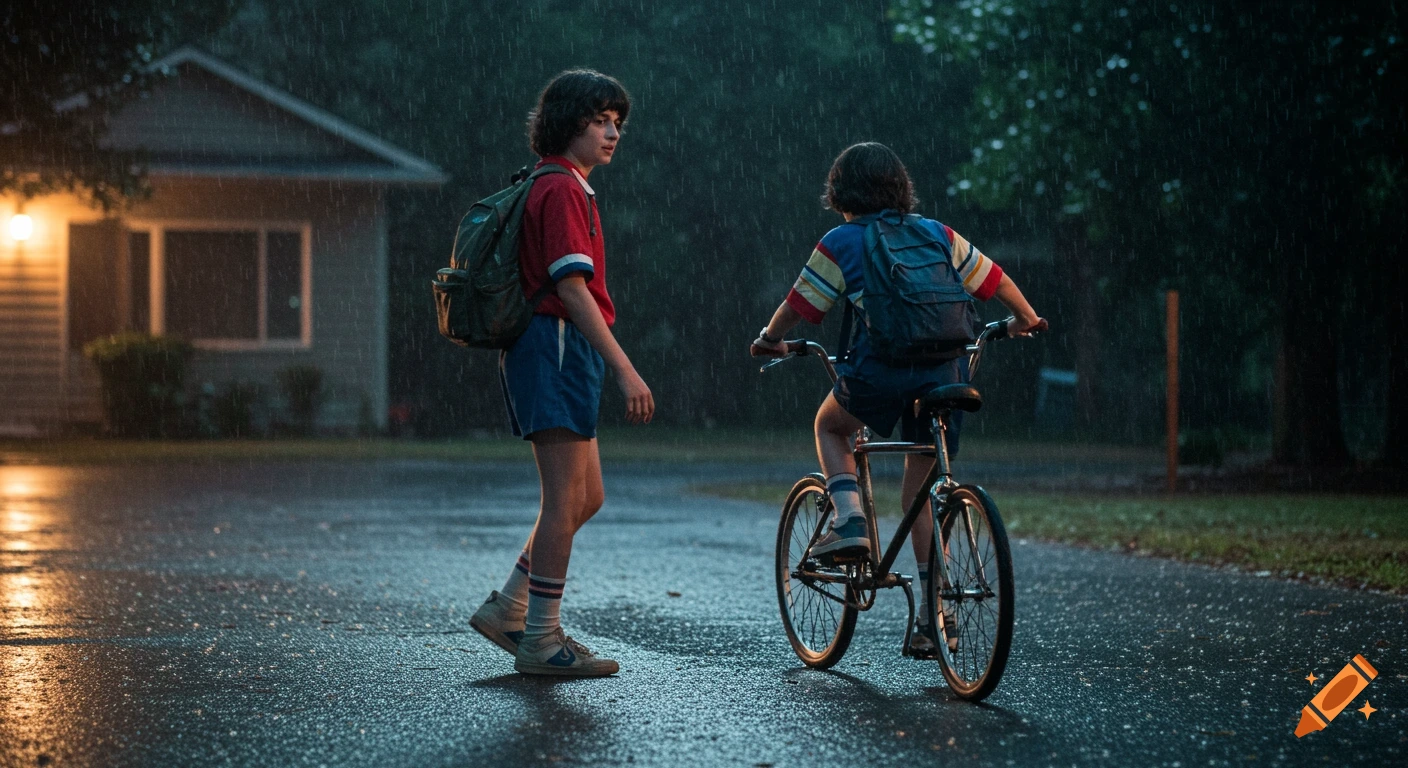 Two boys in the rain on a street near a house, one standing with a backpack, the other riding a bike.