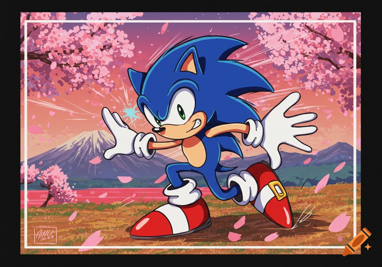 Sonic the Hedgehog runs through a field of cherry blossoms with Mount Fuji in the background, in a stylized anime art style.
