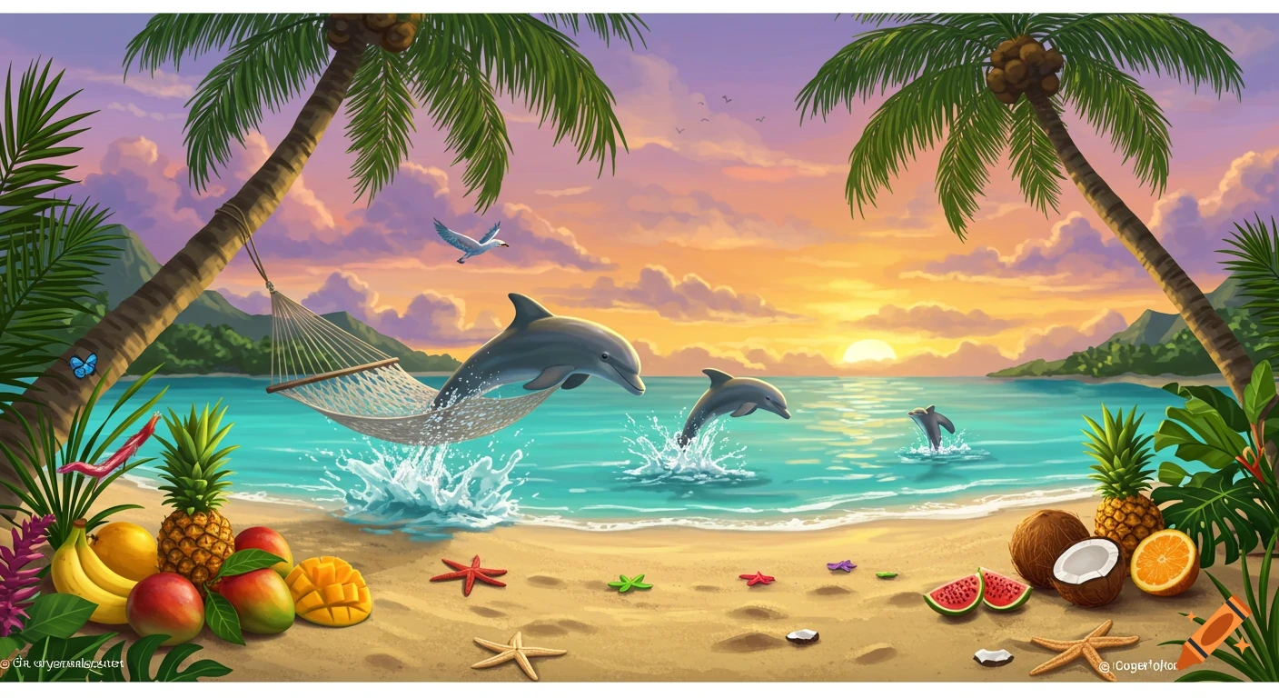 Tropical beach sunset with dolphins jumping, hammock, palm trees, and fruit.