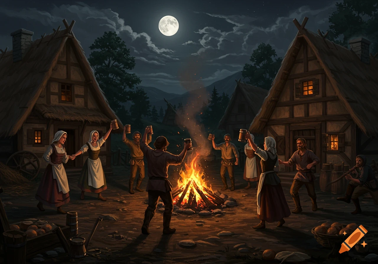 Medieval villagers celebrate around a bonfire at night under a full moon.