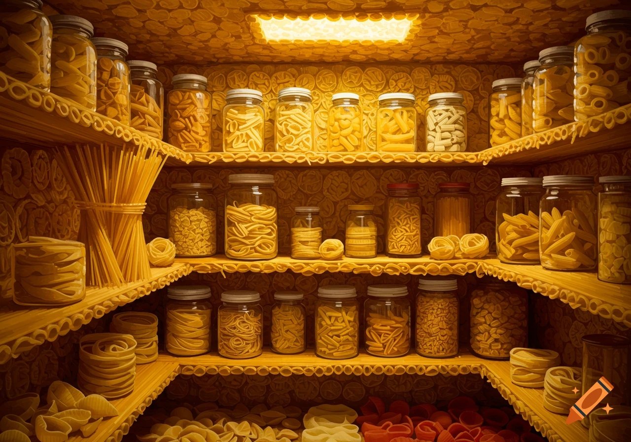 A pantry shelf filled with jars and bundles of various pasta shapes, with the shelves and walls also appearing to be made of pasta.