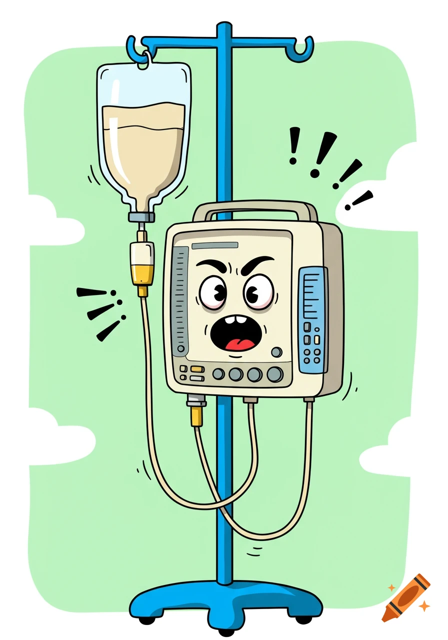 Cartoon illustration of an angry beeping hospital pump with a face on an IV pole.