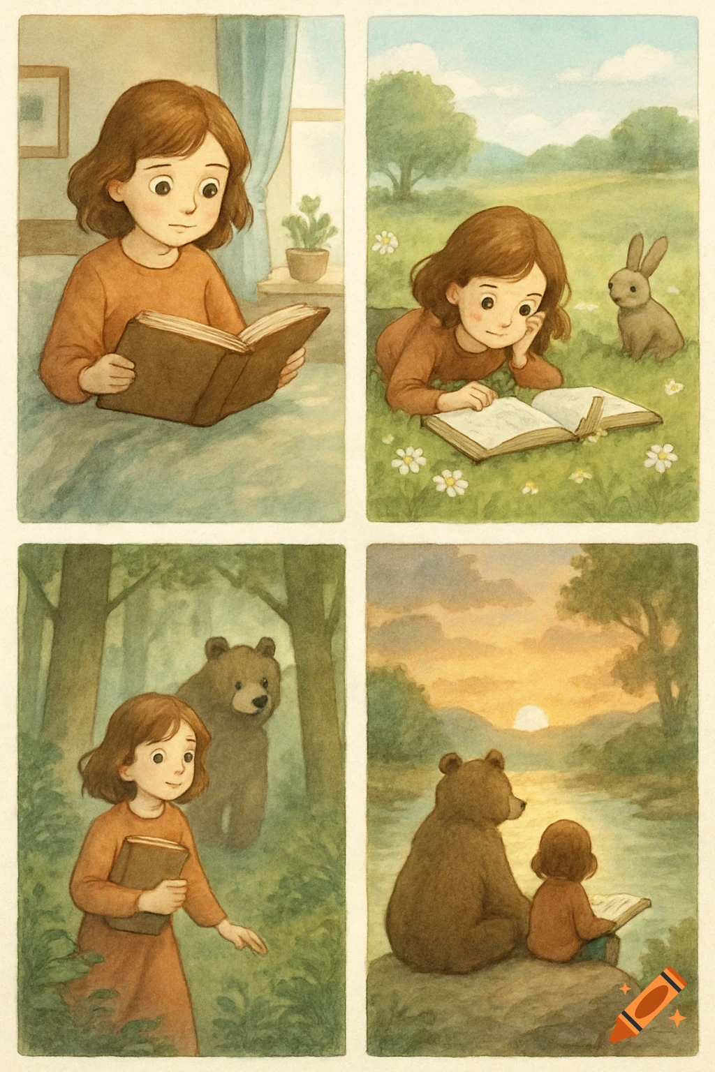 Four-panel illustration of a girl reading: in bed, in a field with a rabbit, in a forest with a bear, and by a river with a bear at sunset. Watercolor style.