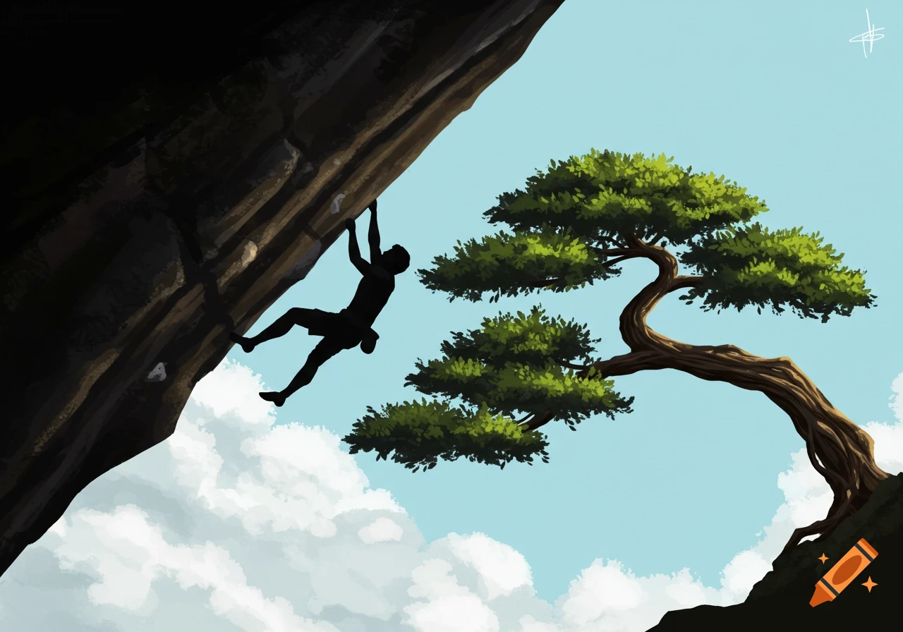 A silhouette of a man climbs an overhanging rock with a bonsai tree.