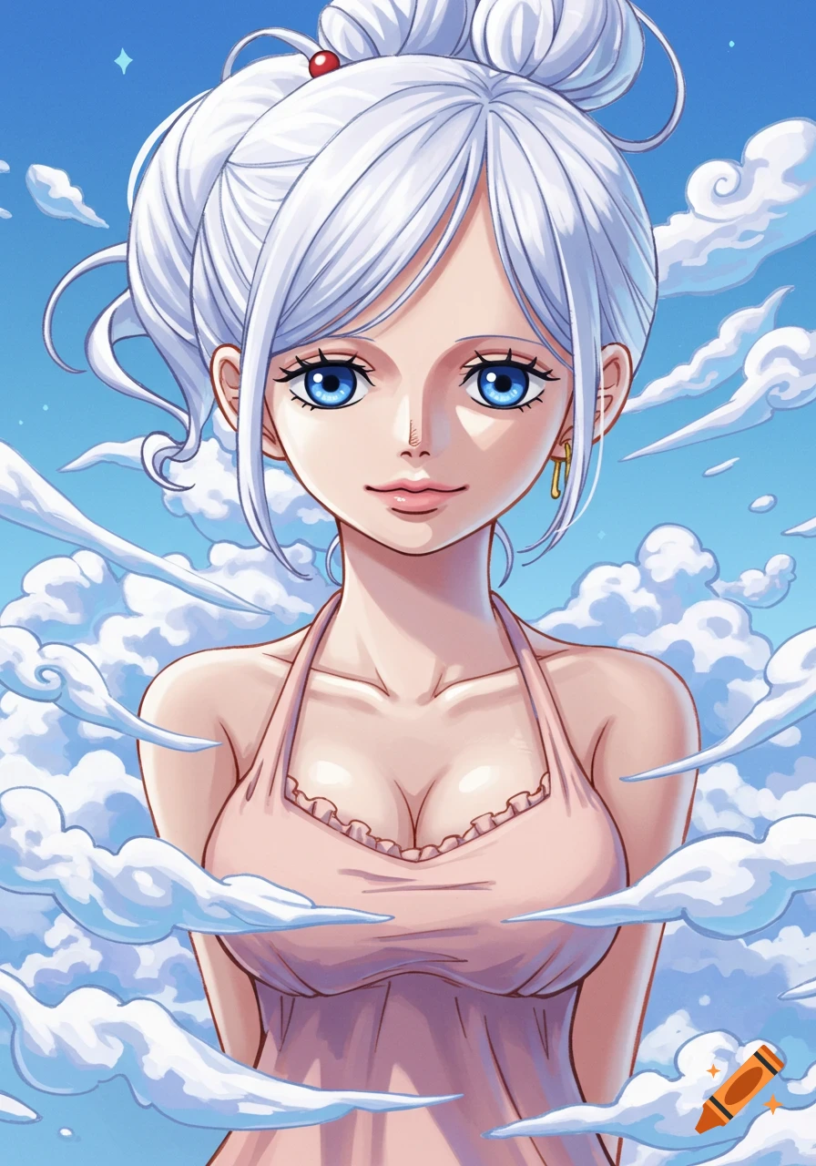 Anime portrait of a white-haired woman with blue eyes in a pink dress, surrounded by clouds.