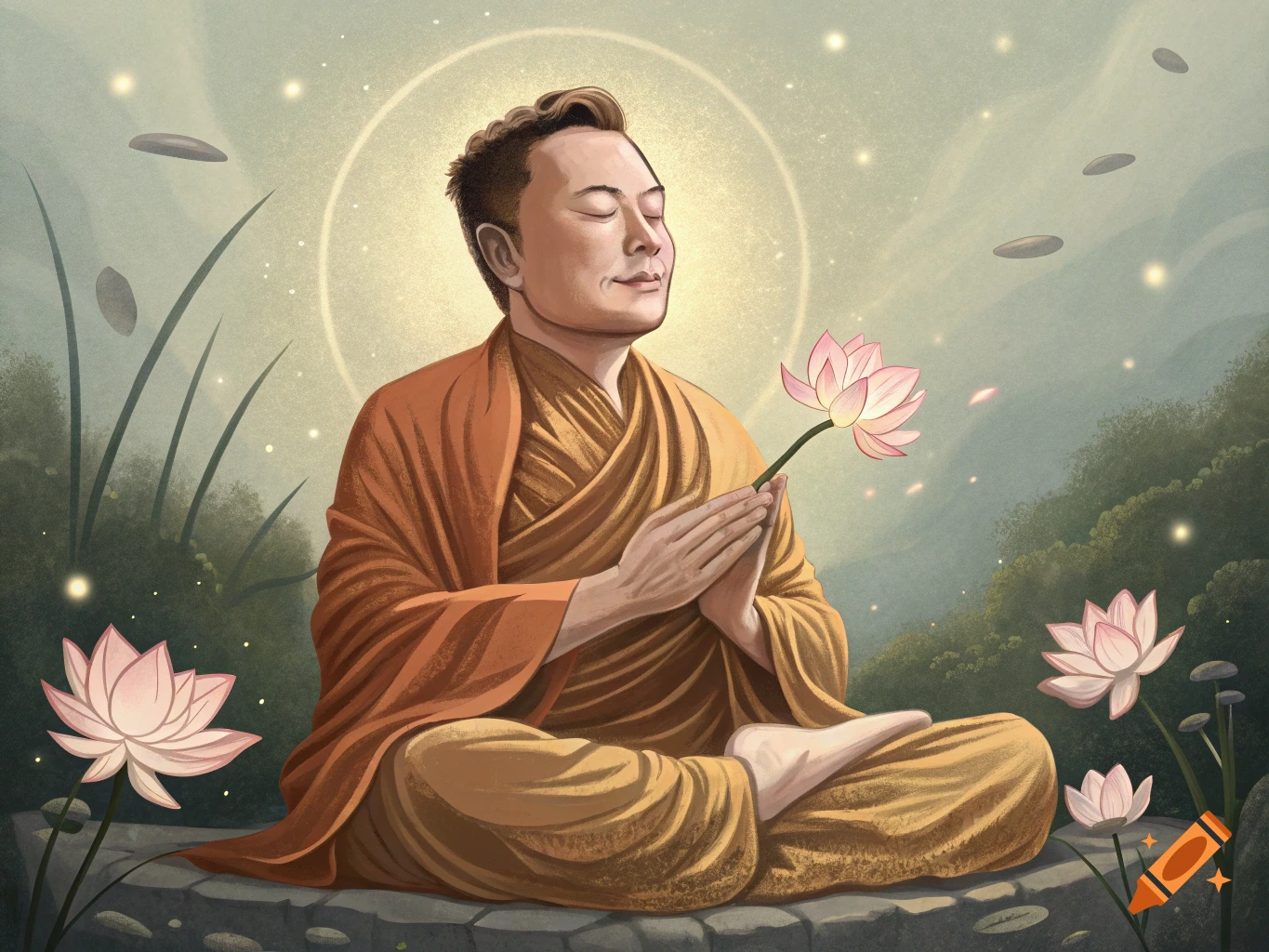 Elon Musk meditating in a saffron robe, holding a lotus, surrounded by plants and lights, artistic illustration.
