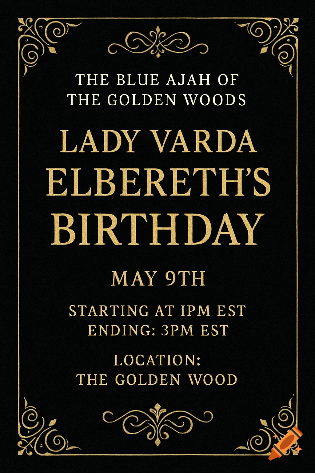 A black birthday invitation with gold text and ornate gold borders.