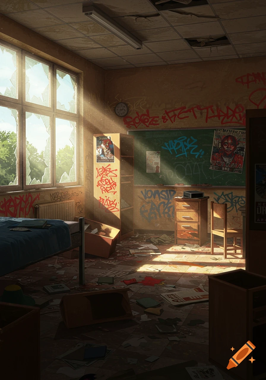 Sunlight streams into an abandoned classroom or dorm room filled with graffiti, broken windows, and debris.