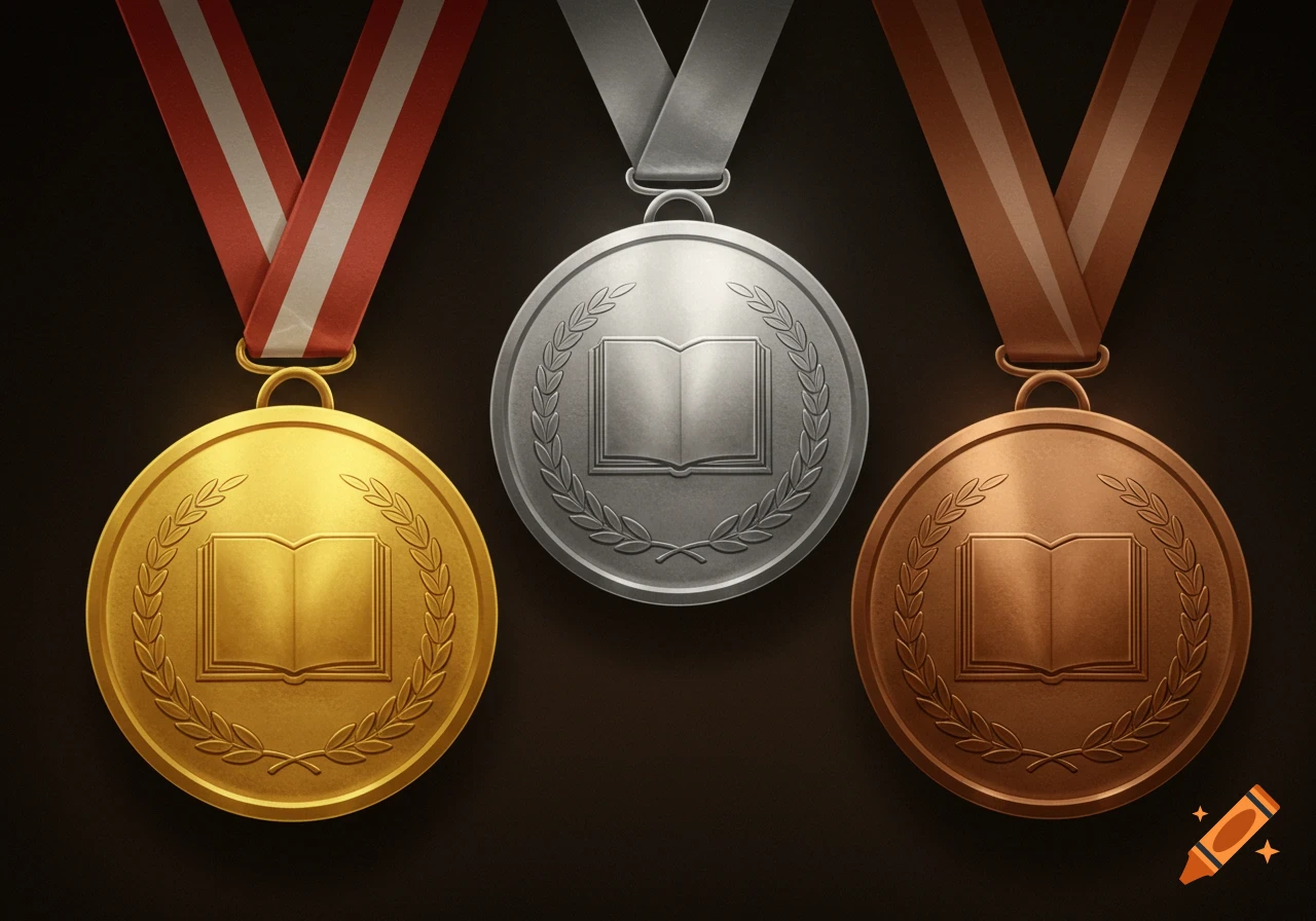 Gold, silver, and bronze medals hanging with ribbons, each featuring an open book emblem surrounded by a wreath.