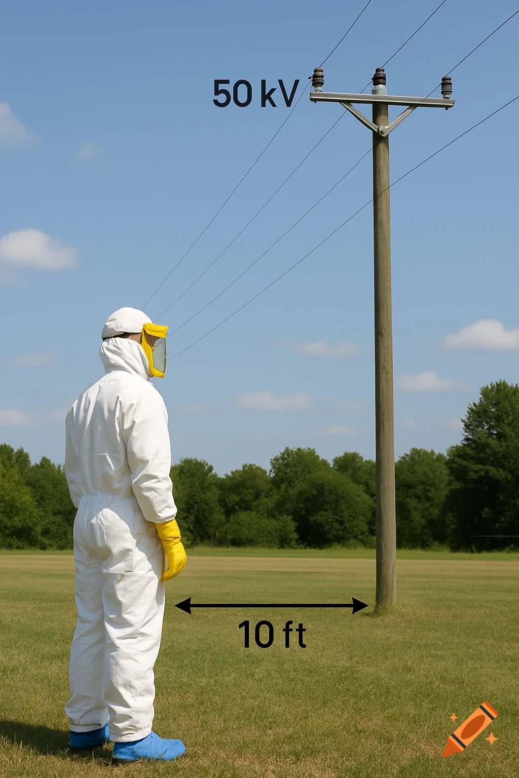 Person in a white hazmat suit stands near a power pole with text "50 kV" and an arrow indicating a distance of "10 ft".