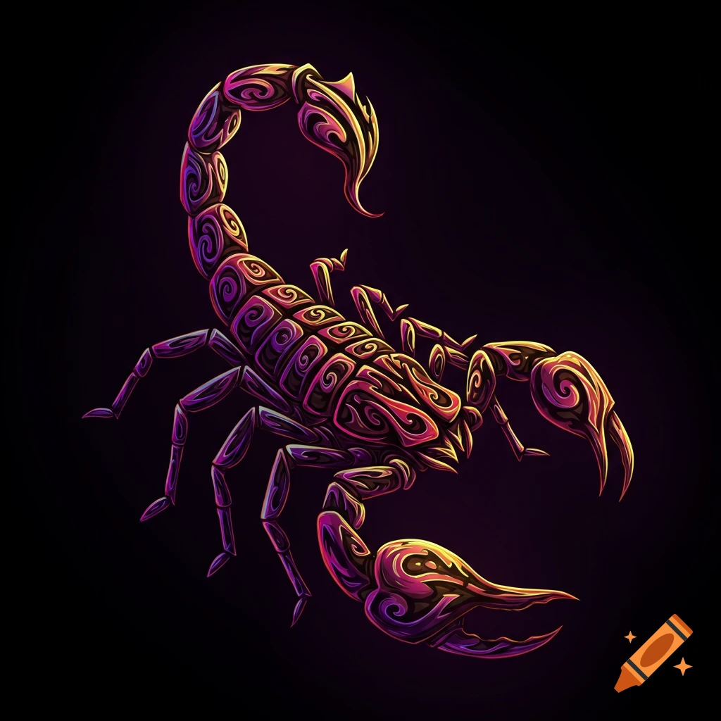 Stylized scorpion with tribal patterns in purple and gold on a dark background.