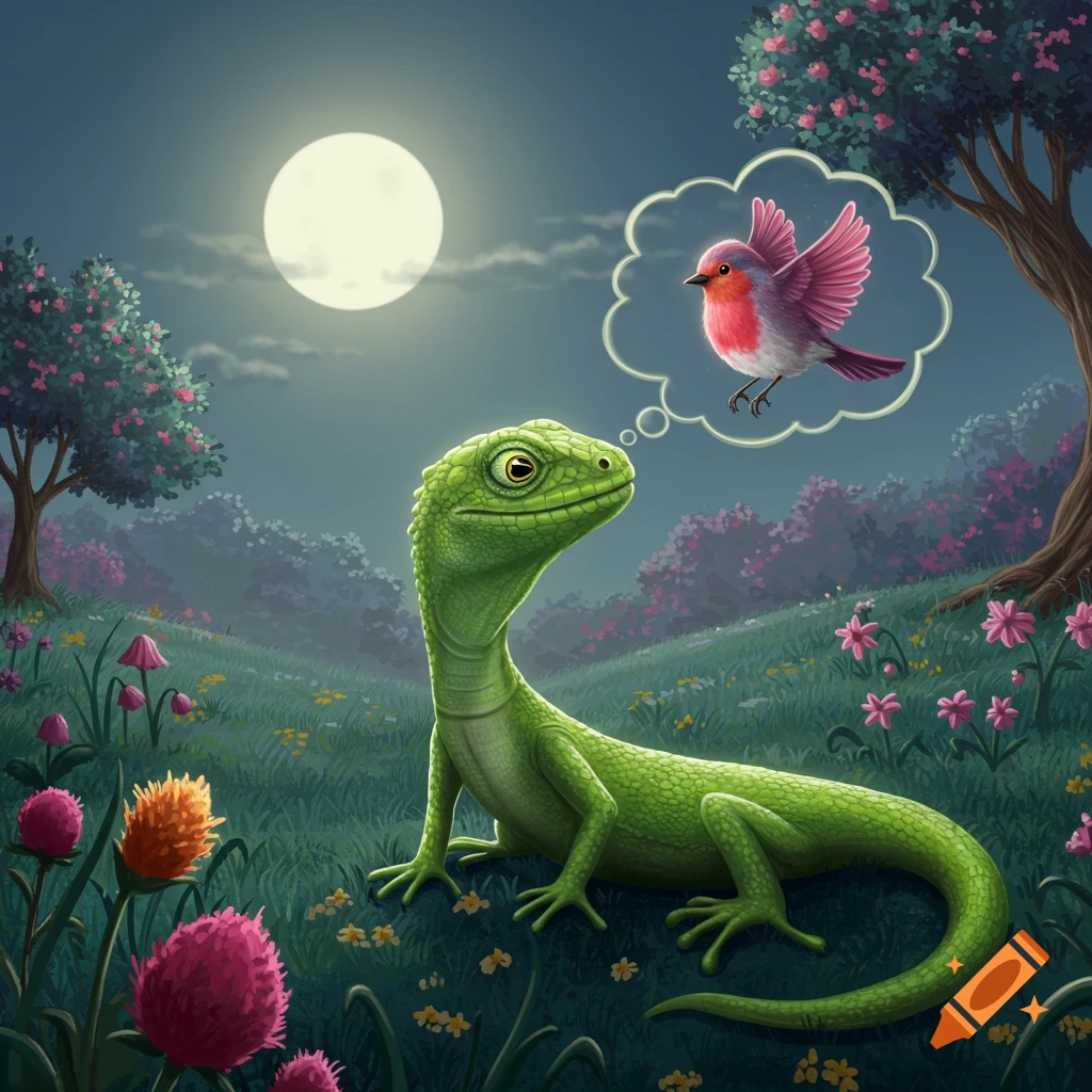 A green lizard in a grassy meadow under a full moon dreams of a pink ...