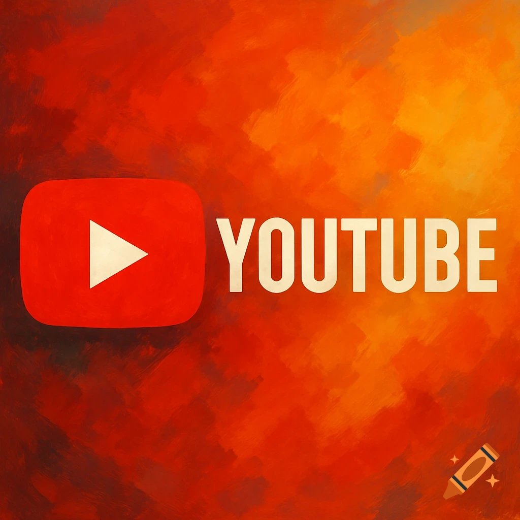YouTube logo and text on a red and orange painted background.