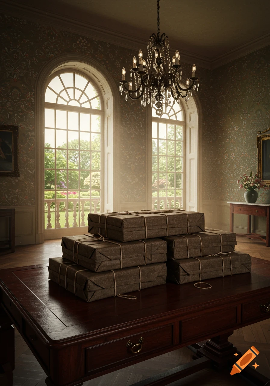 A room in an 1800s mansion with large arched windows and a stack of wrapped parcels on a table.