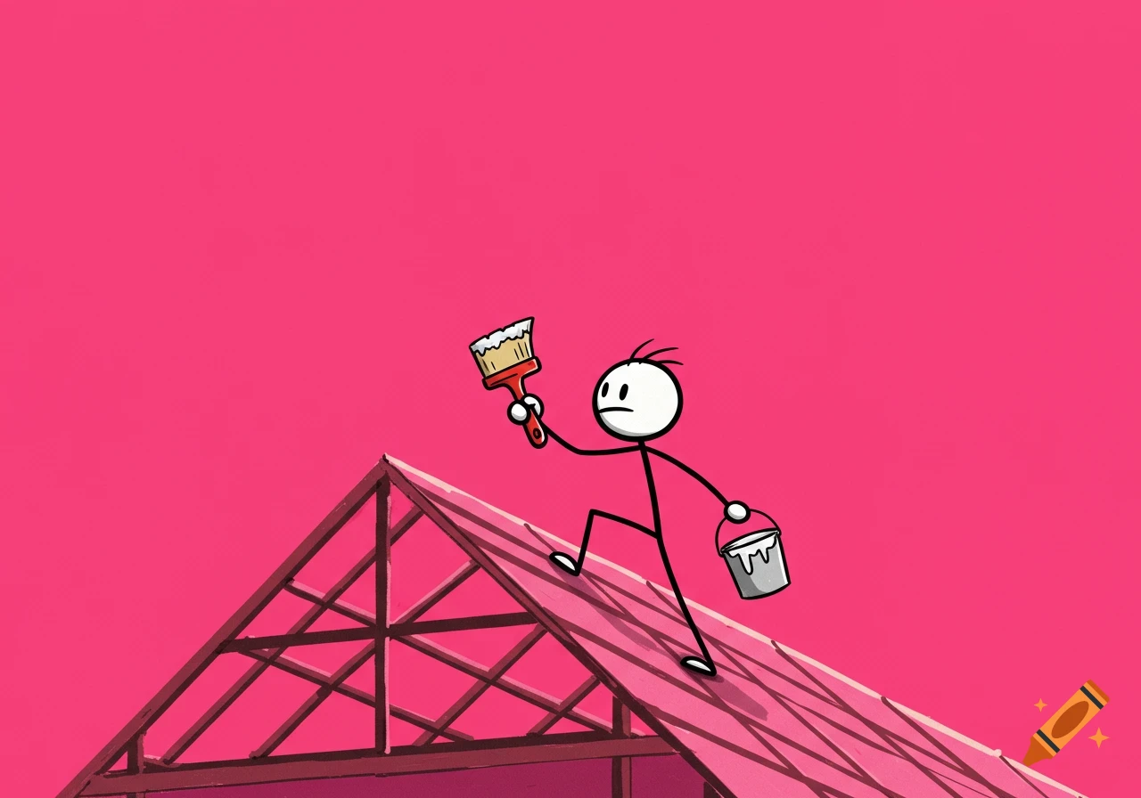 A stick figure paints a roof with a brush and paint can against a pink background.