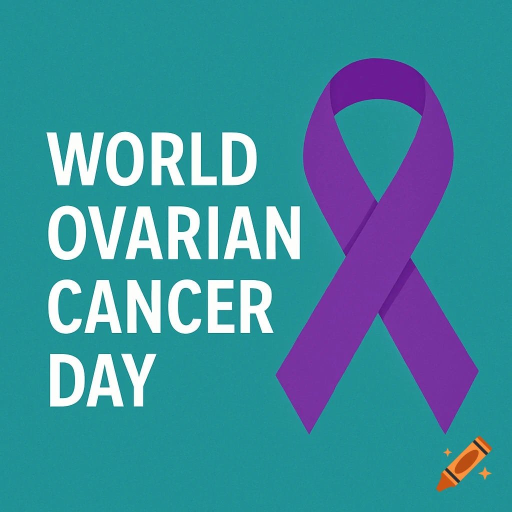 Purple ribbon on teal background with white text reading 'WORLD OVARIAN CANCER DAY'.