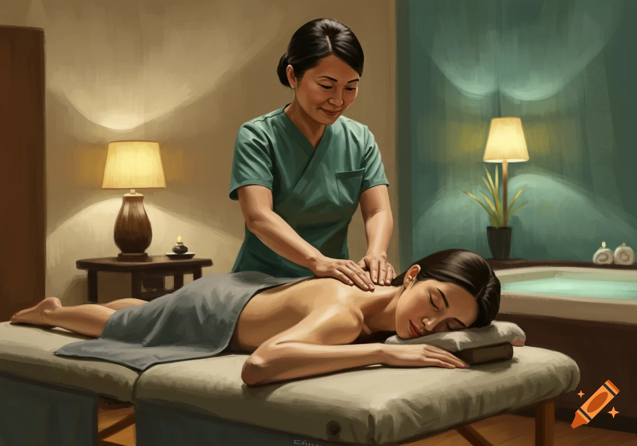 Digital painting of a woman giving another woman a back massage in a spa room.
