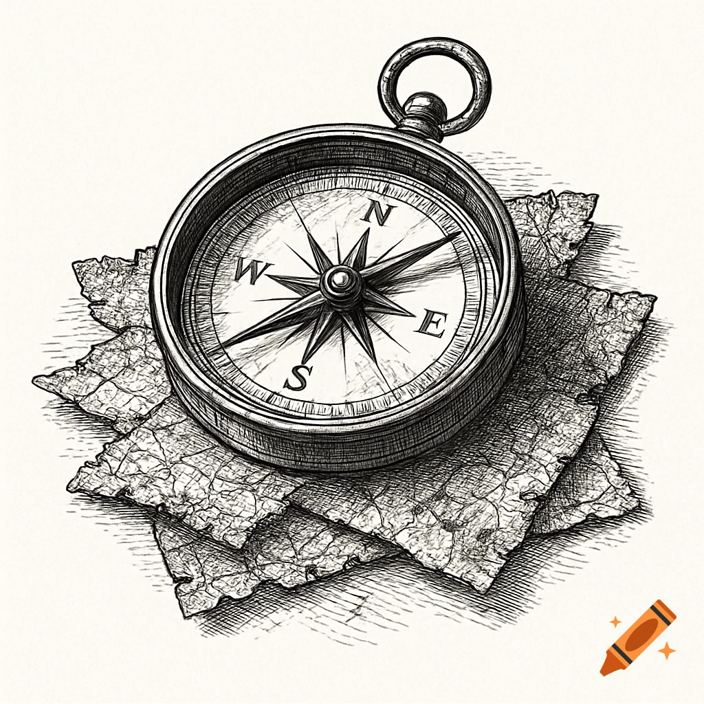 Monochromatic ink drawing of a vintage compass resting on tattered map fragments.