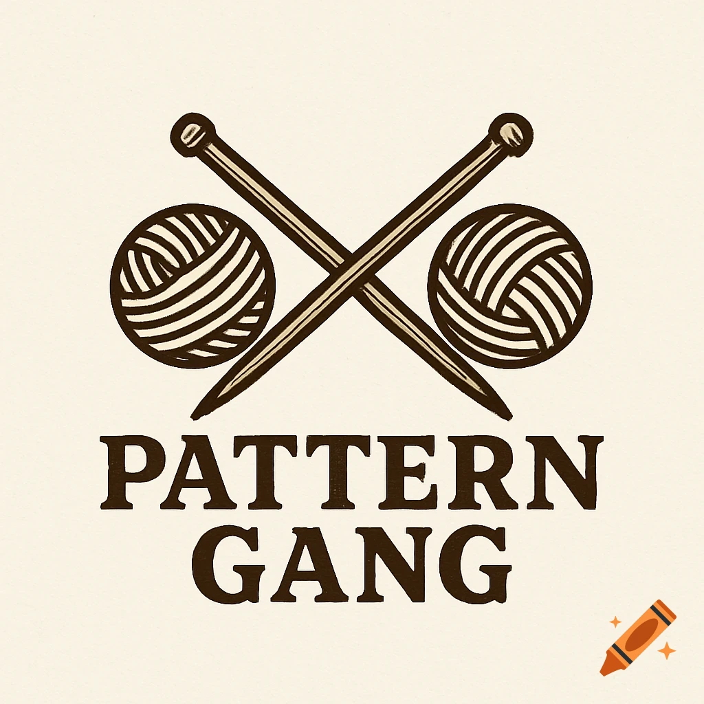 Logo with crossed knitting needles, two balls of yarn, and the text "PATTERN GANG" below.