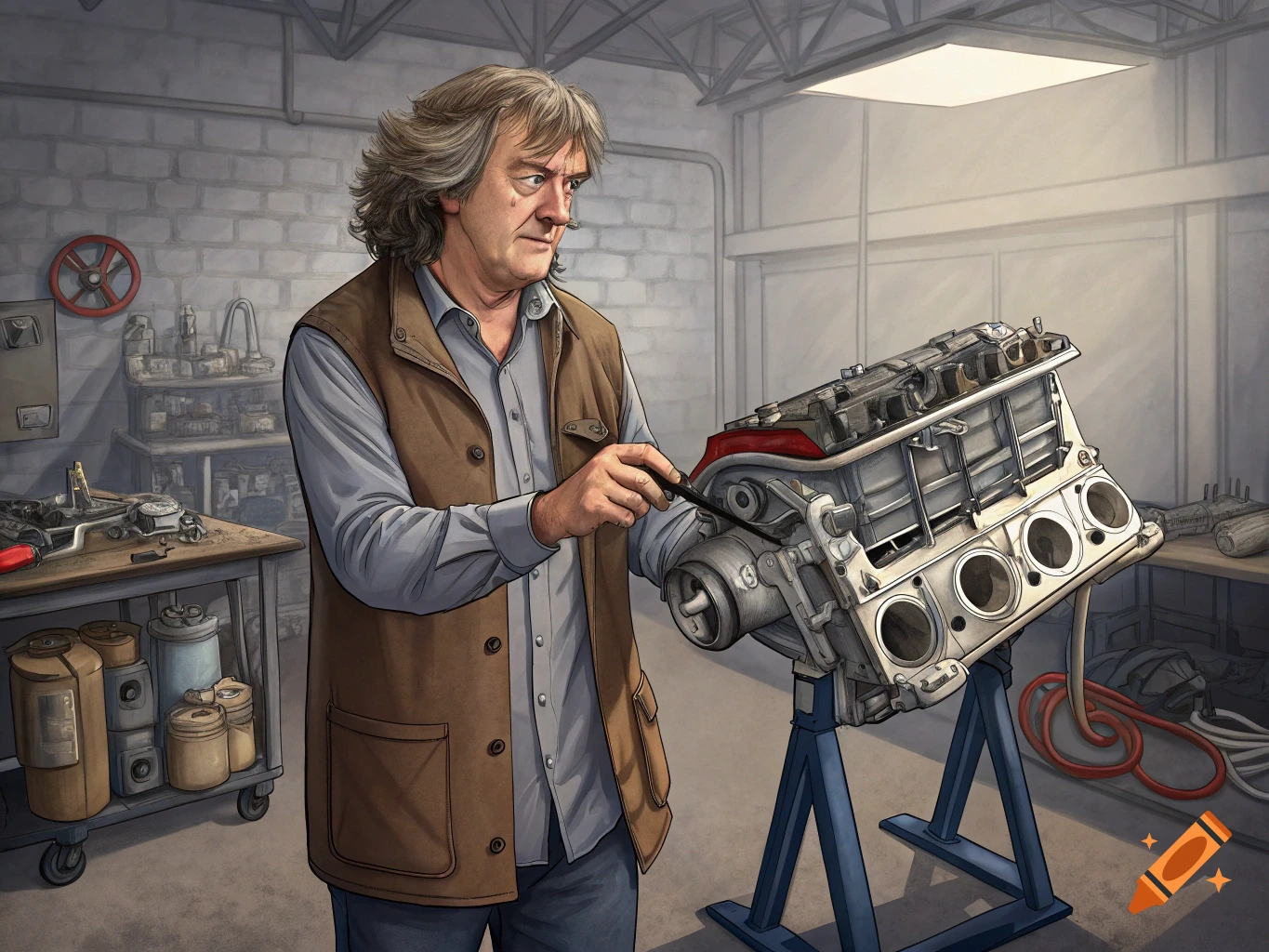 Man in a vest working on a car engine in a workshop.