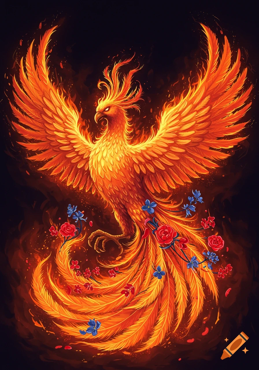 A fiery phoenix with spread wings and tail, surrounded by flames and flowers against a dark background.