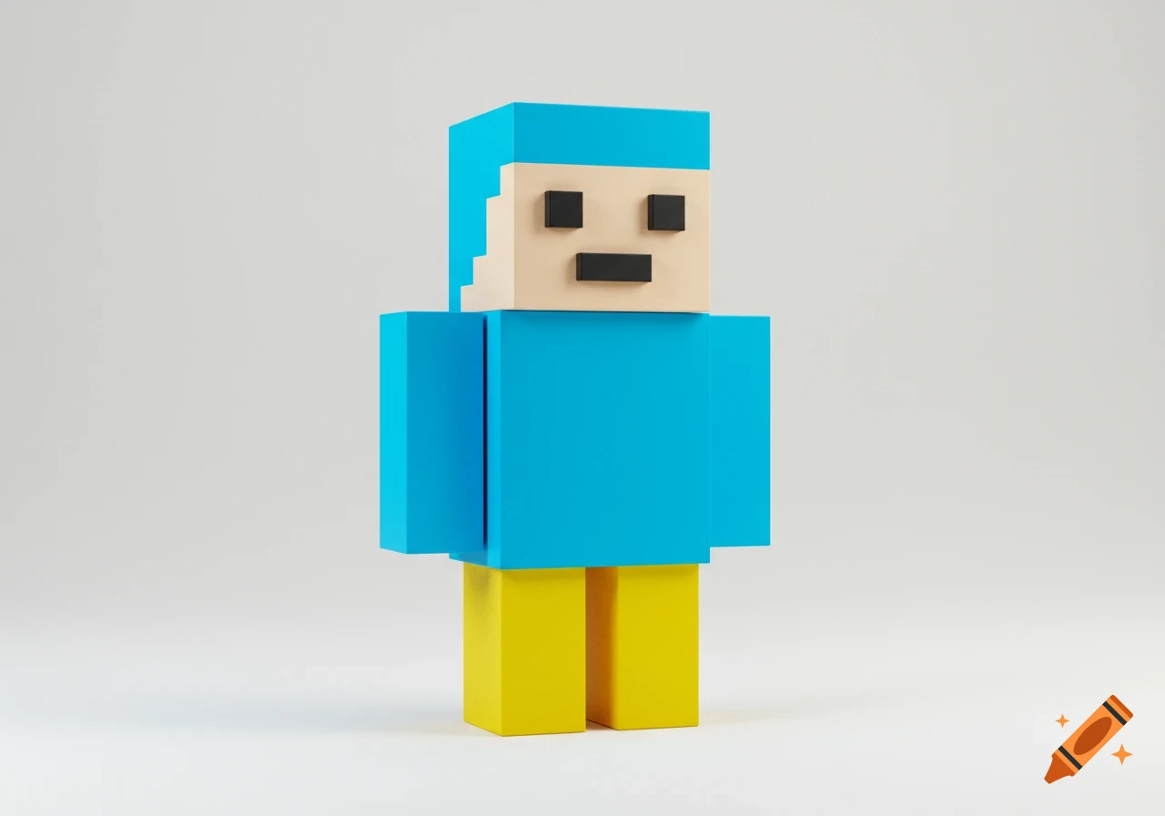 A blocky character with blue hair and shirt, and yellow legs, in a 3D render style.