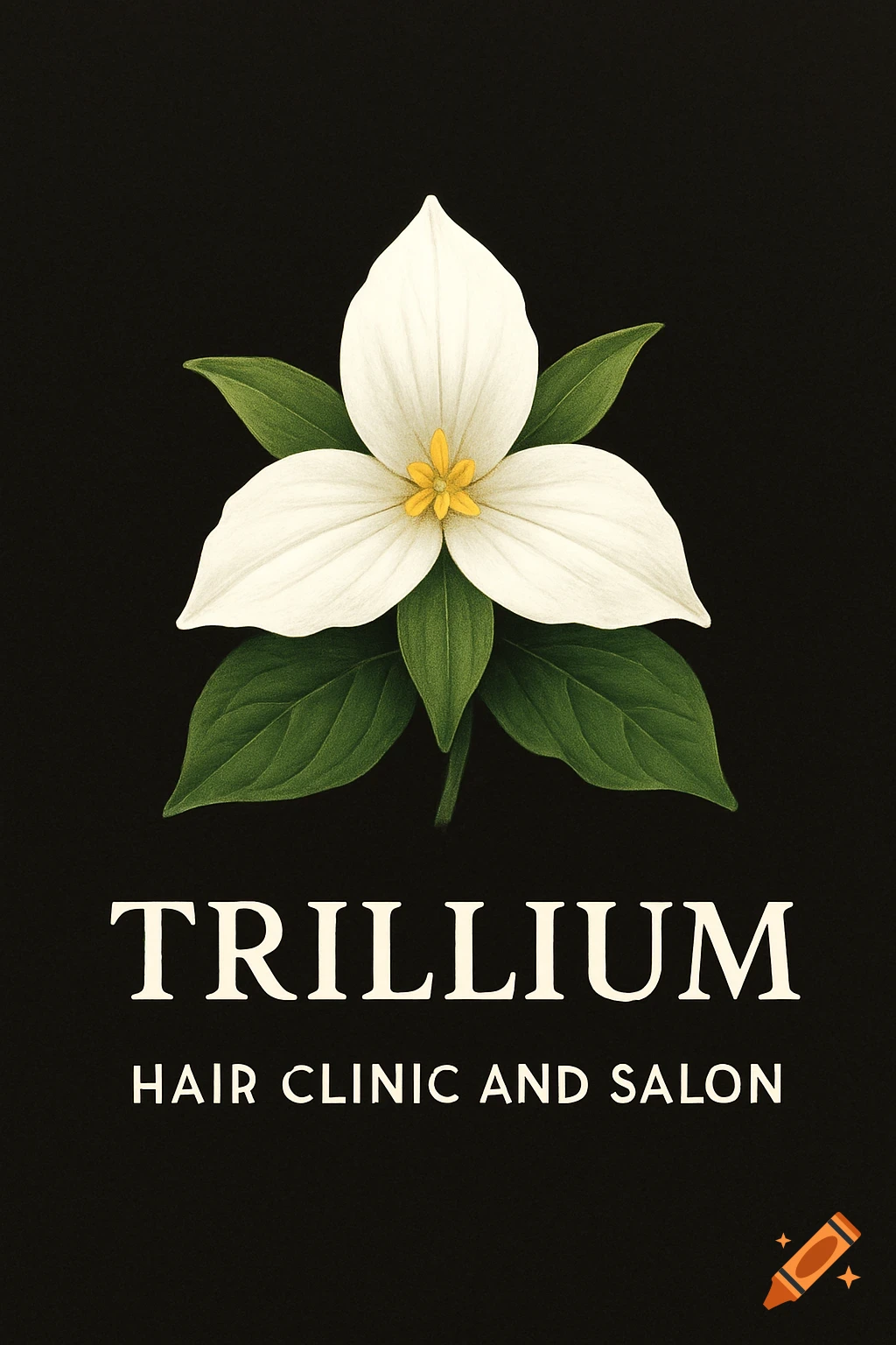 White trillium flower with green leaves and business name text on black background.