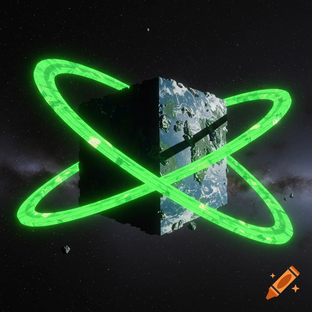 A cubic planet with glowing green rings orbits in space.