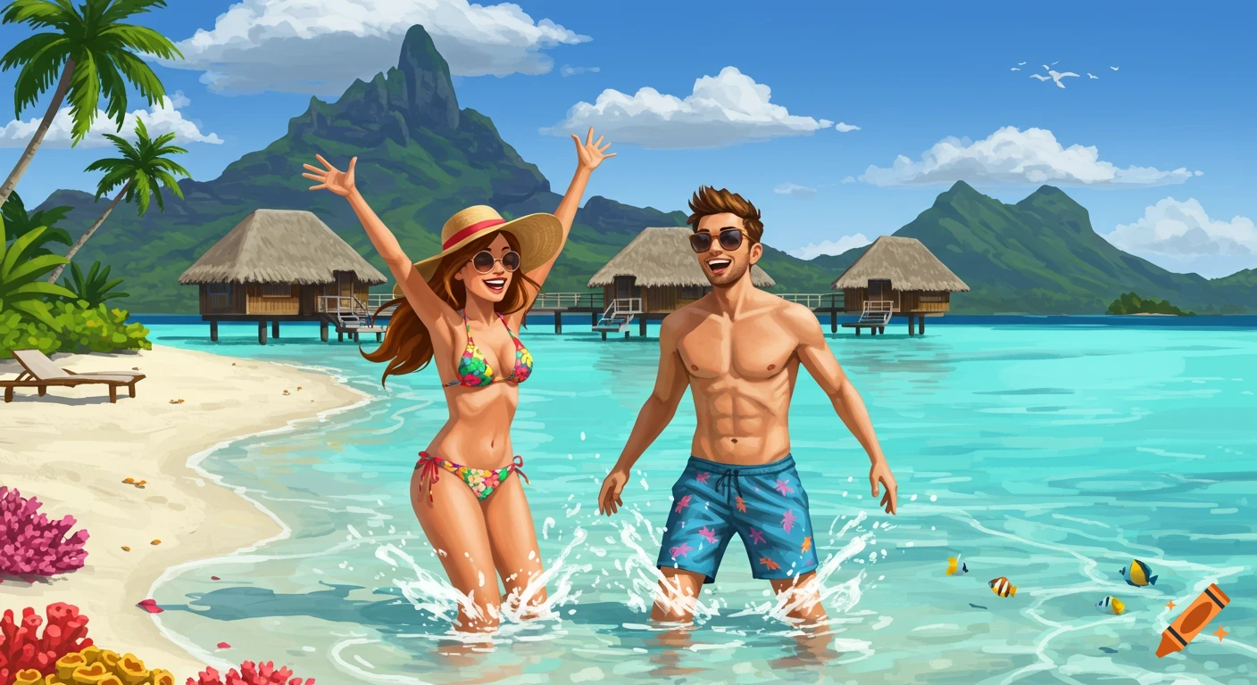 Illustration of a couple splashing water on a tropical beach with overwater bungalows and mountains.