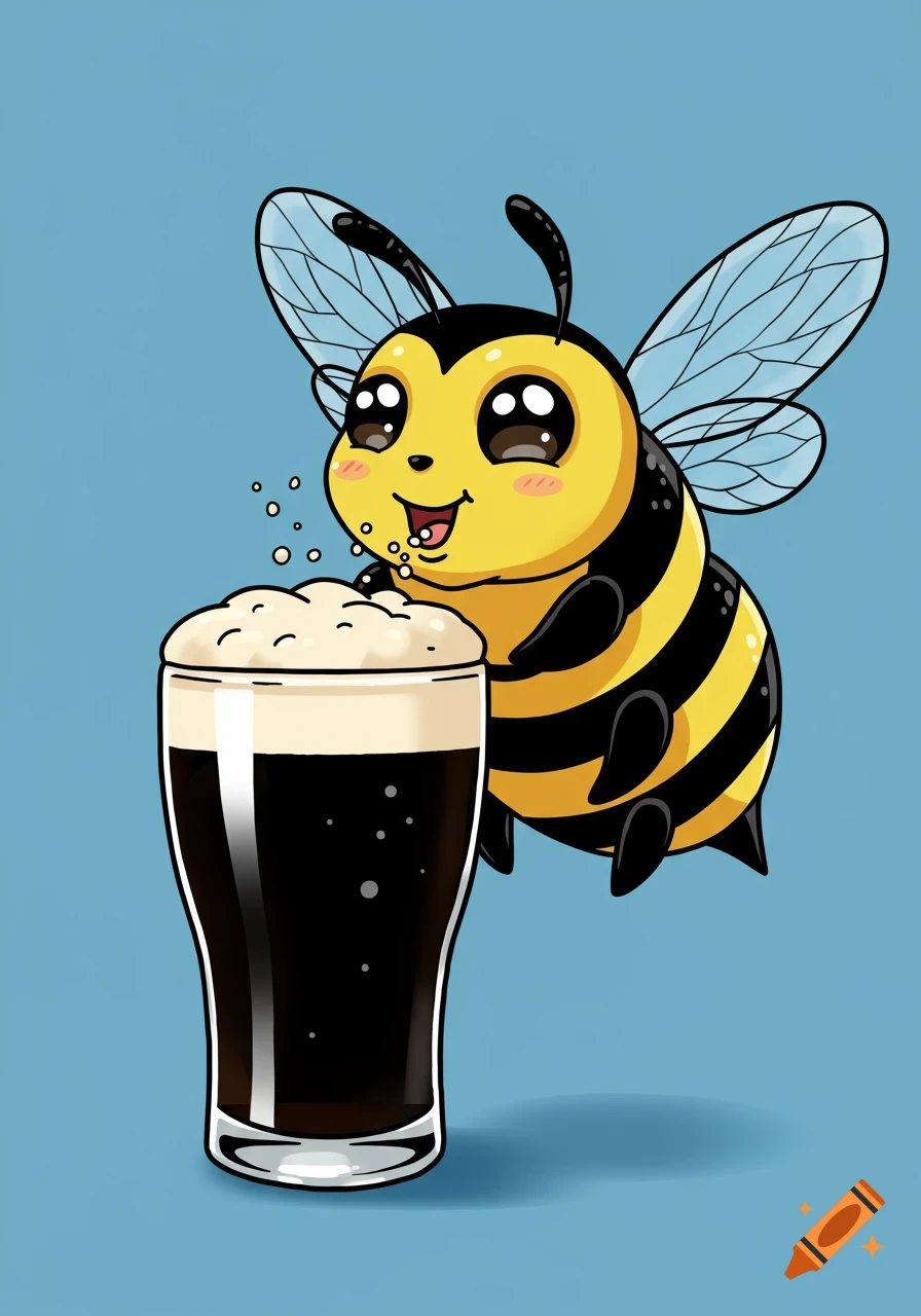 Cute cartoon bee drinking a glass of dark beer