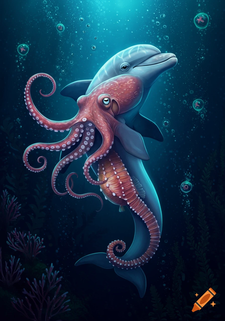 A fantasy creature combining a dolphin, octopus, and seahorse swims in deep blue water.