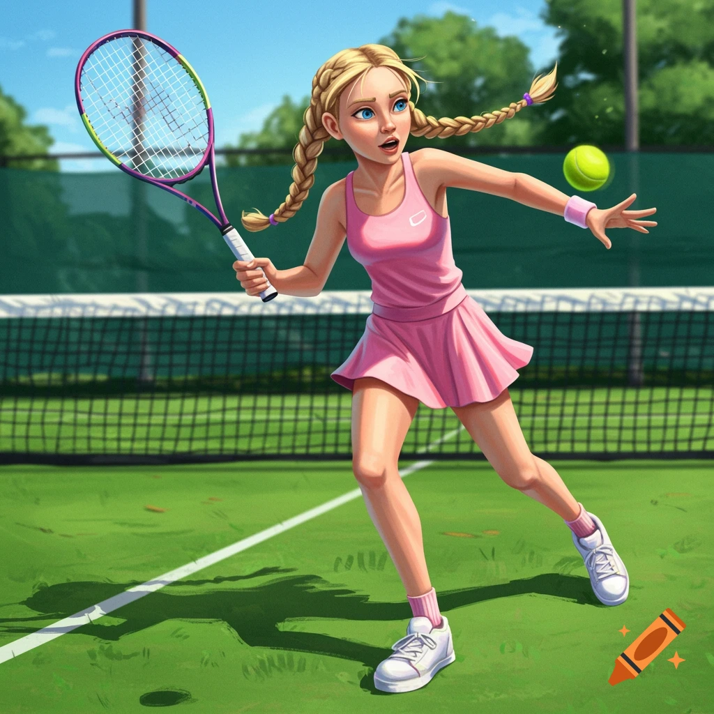 Stylized image of a girl playing tennis on a court, hitting a ball with a racket.