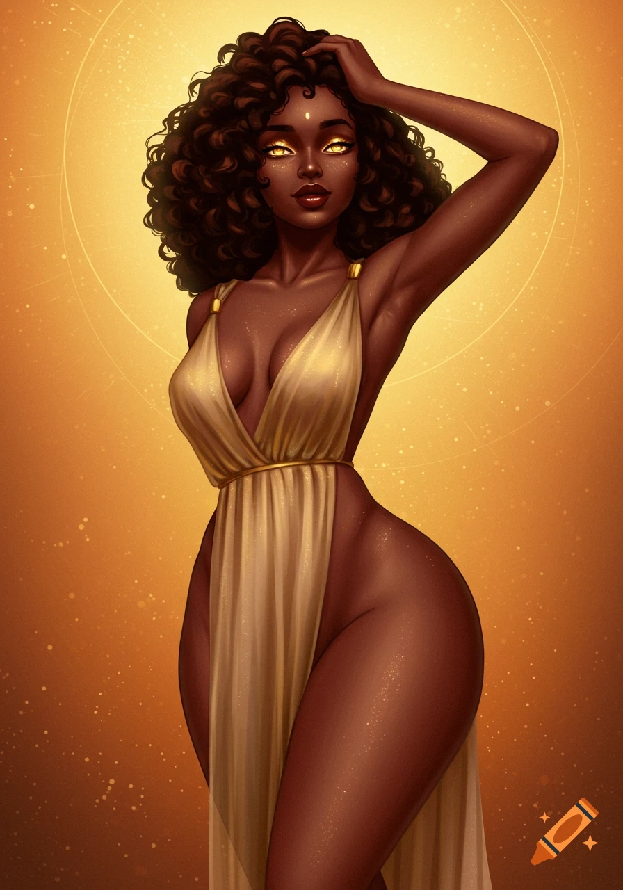 Stylized illustration of a woman with dark curly hair and golden eyes in a flowing golden dress, set against a warm golden background.