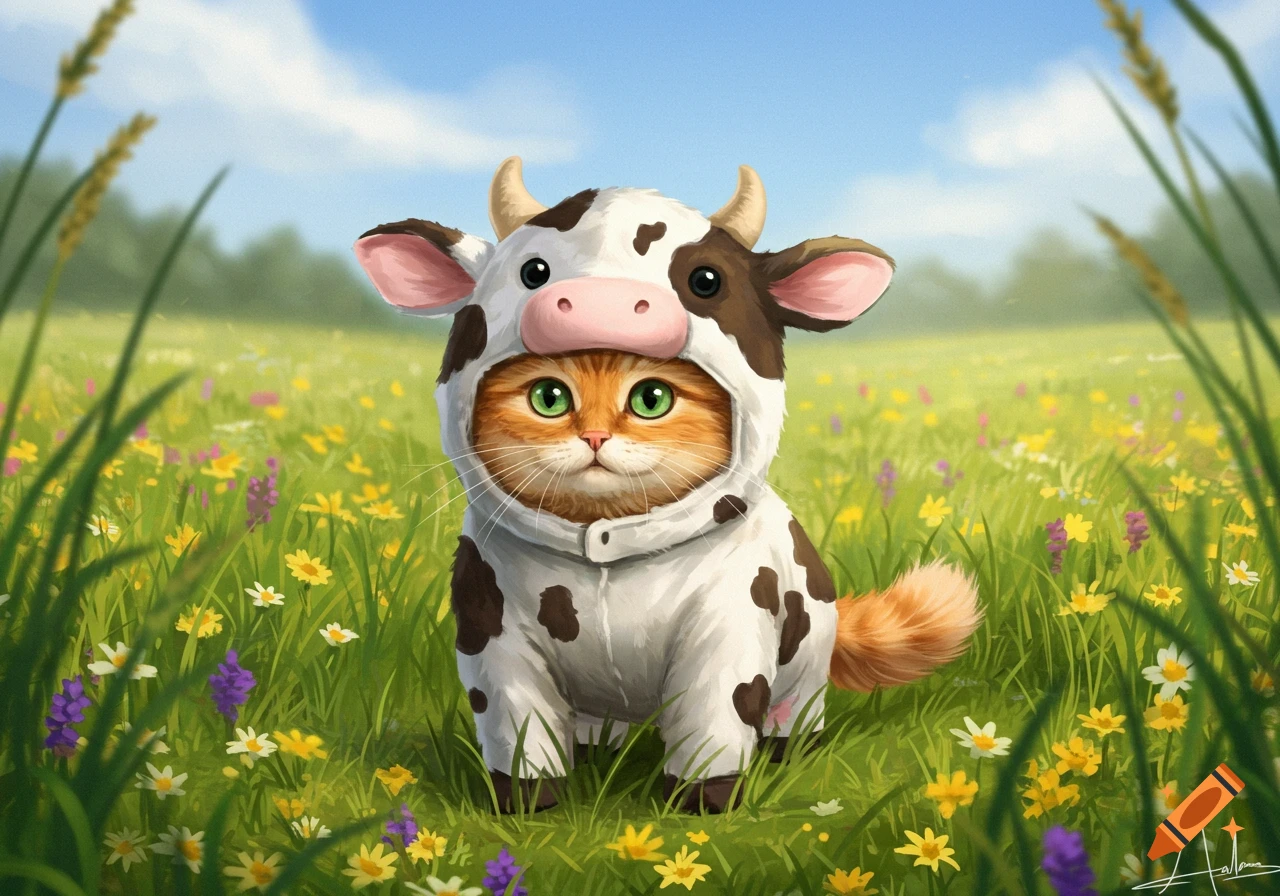 An orange tabby cat wears a white and black cow costume while sitting in a field of wildflowers under a sunny sky.