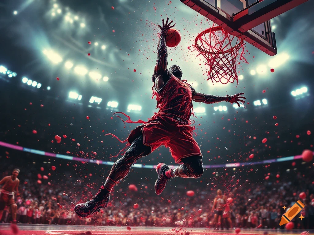 A xenomorph-like creature dunks a basketball in a stadium, surrounded by dramatic red splatter.