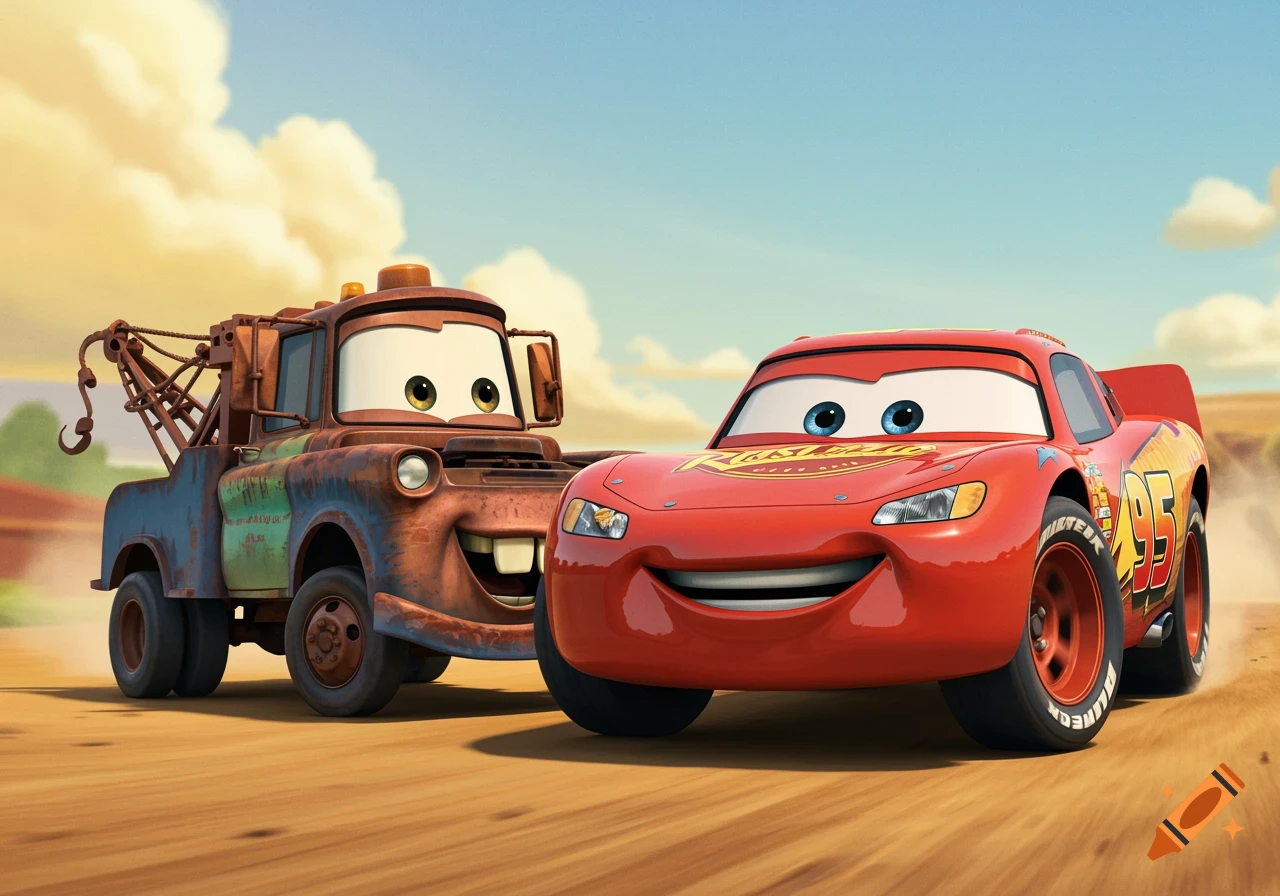 Lightning McQueen and Mater the tow truck on a dirt road in CGI animation style