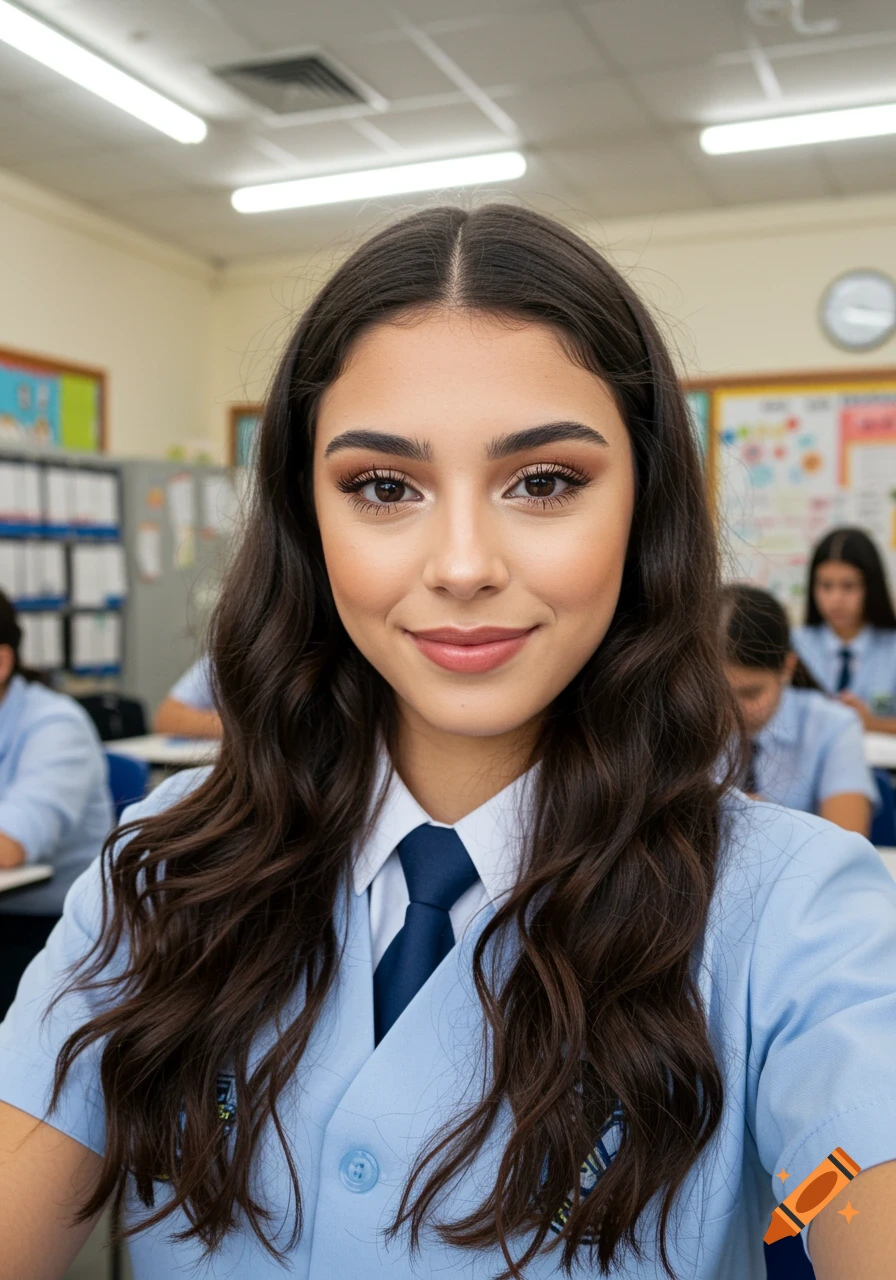 Photorealistic portrait of a young woman in a school uniform taking a selfie in a classroom