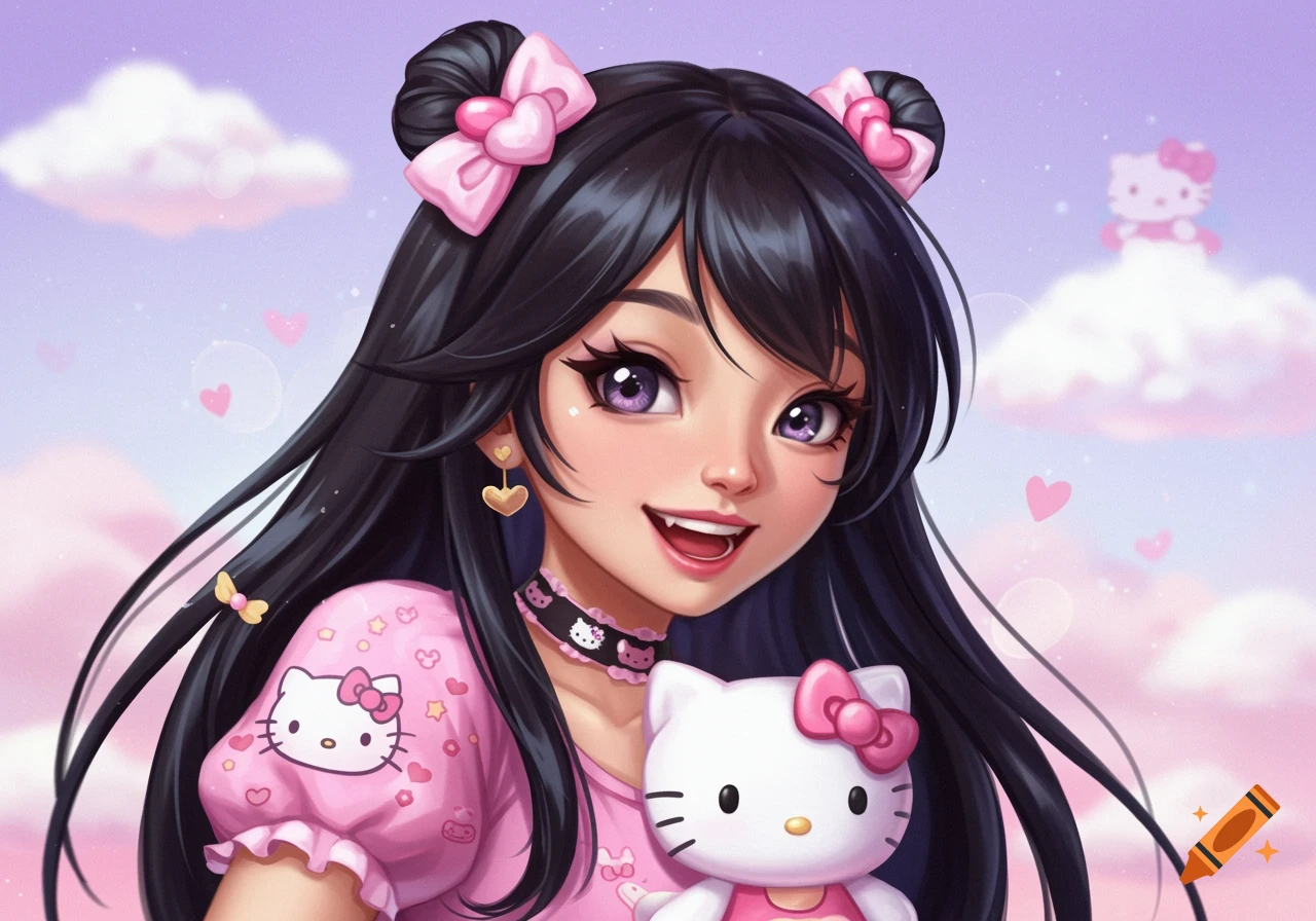 Anime portrait of a girl with black hair in Hello Kitty clothes holding a plush toy, with a pink sky background.